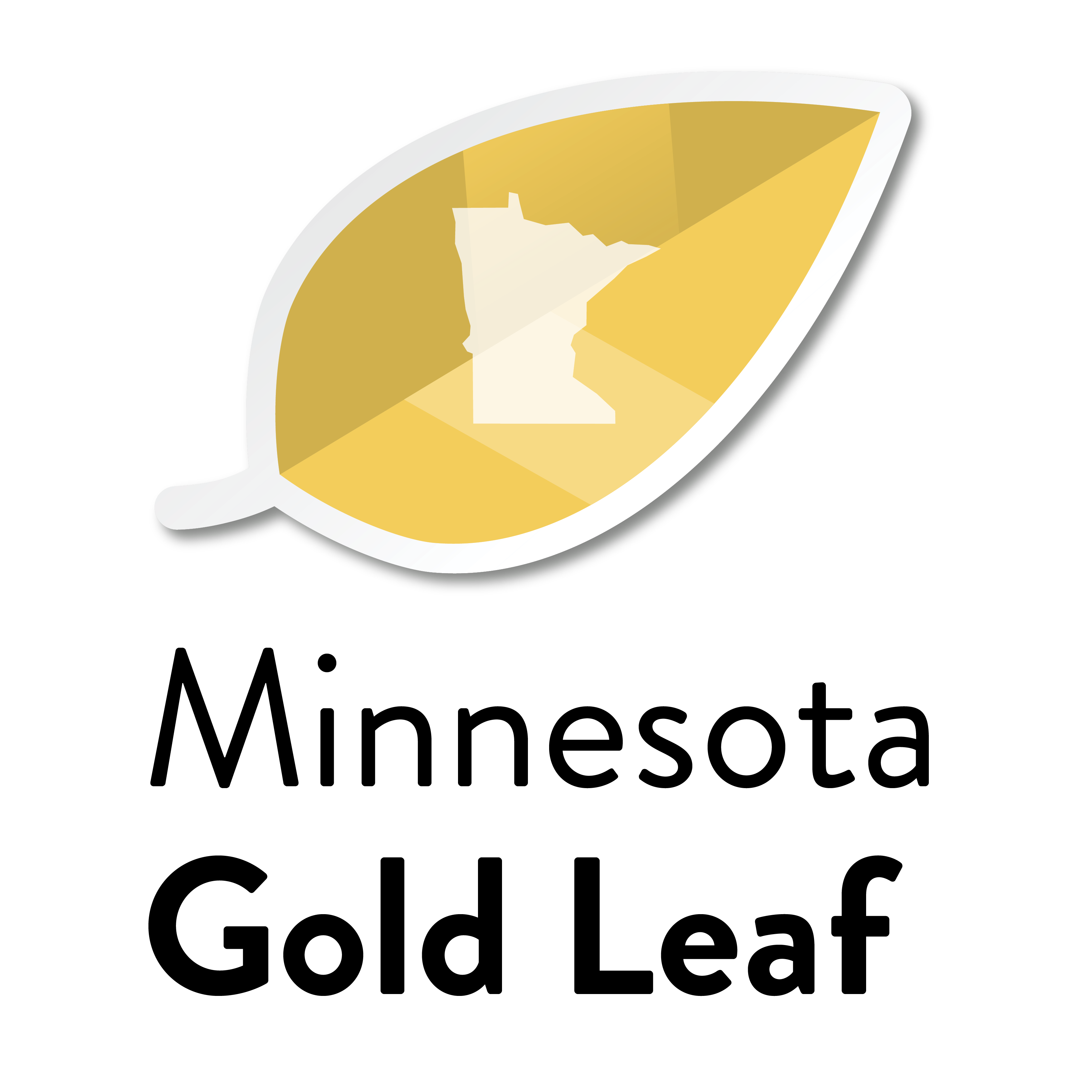 Logo for Minnesota Gold Leaf with a yellow colored leaf drawing that has a shape of Minnesota cut out in the middle